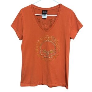 Harley Davidson Grand Rapids MI Bejeweled Skull Orange Top Short Sleeves Large